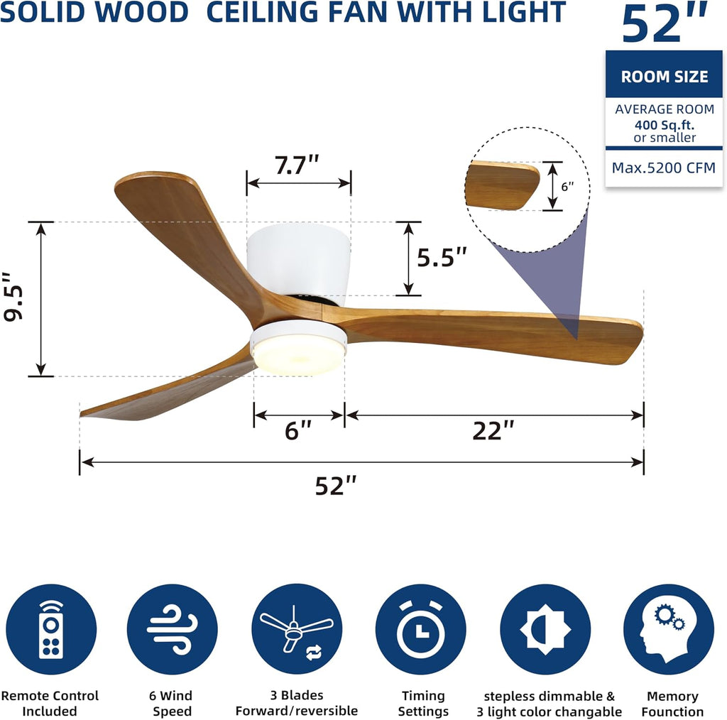 Ceiling Fans with Lights and Remote Control, 52 Inch Solid Wood Blade, Low Profile Flush Mount, LED Dimmable DC Reversible Modern Ceiling Fans with APP Control for Bedrooms, Living Rooms, Patio, White