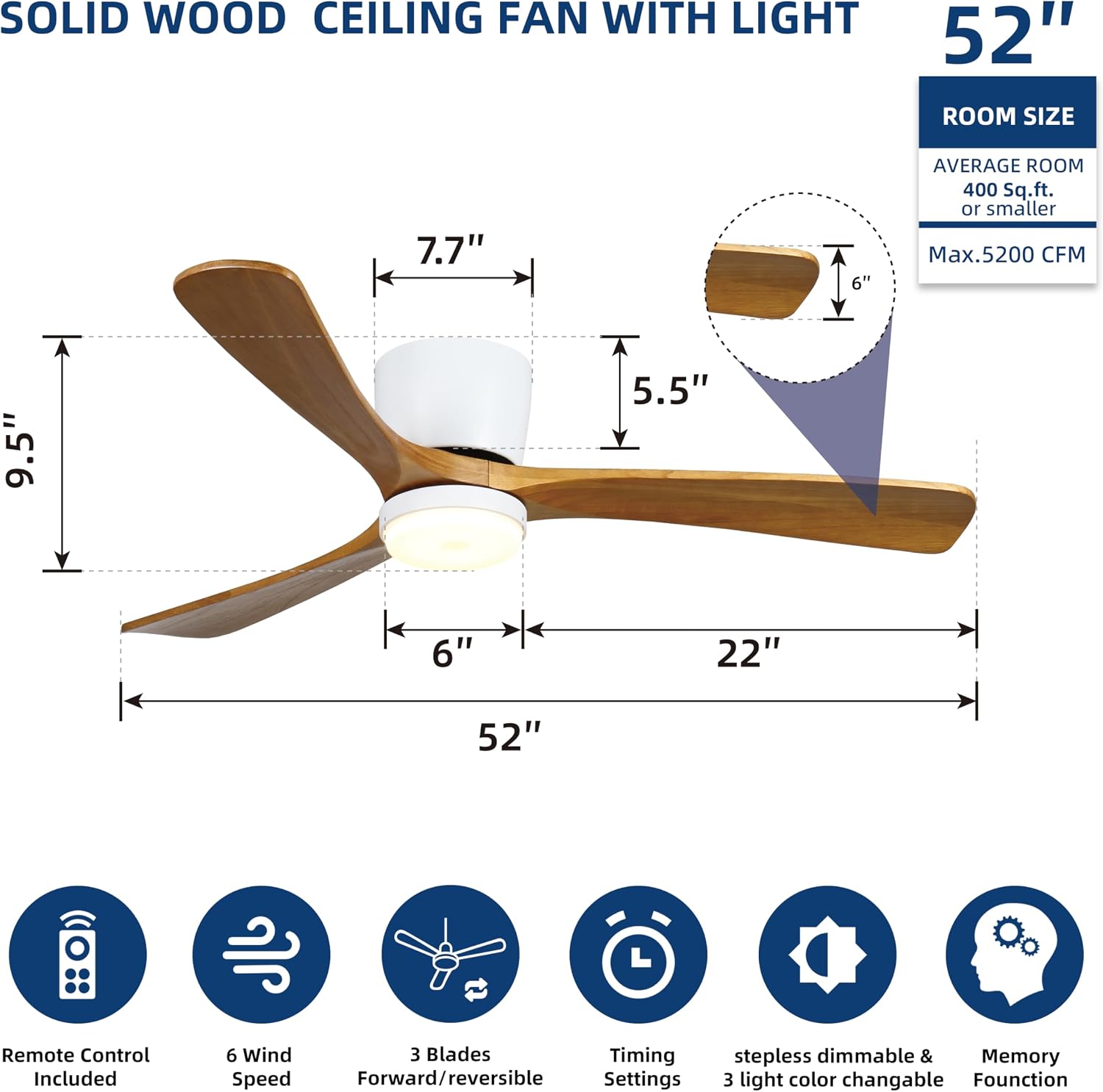 Ceiling Fans with Lights and Remote Control, 52 Inch Solid Wood Blade, Low Profile Flush Mount, LED Dimmable DC Reversible Modern Ceiling Fans with APP Control for Bedrooms, Living Rooms, Patio, White