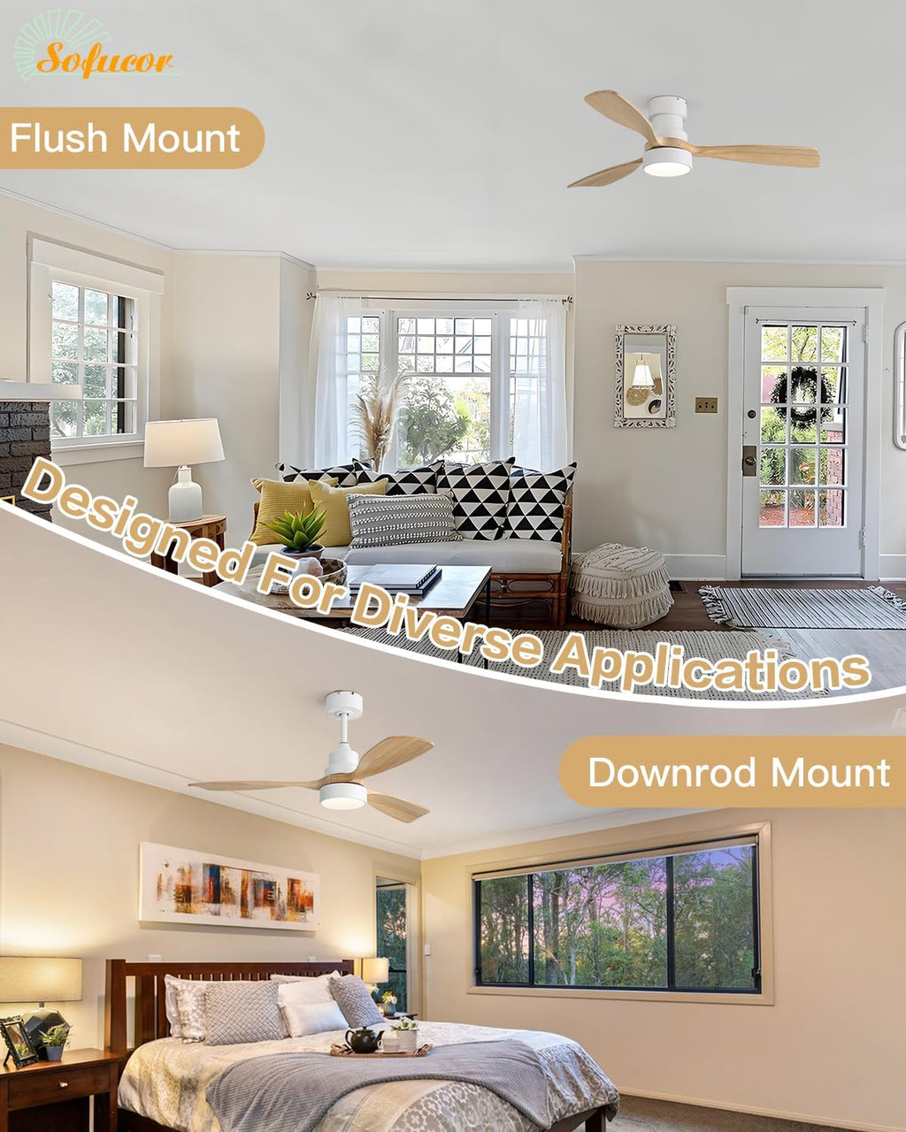 Sofucor 48 Inch Ceiling Fans with Lights and Remote Control-Modern Flush Mount&Downrod Mount Ceiling Fan for Bedroom Living Room Indoor Outdoor Farmhouse Patio, Timer Quiet DC Motor,White&Natural Wood