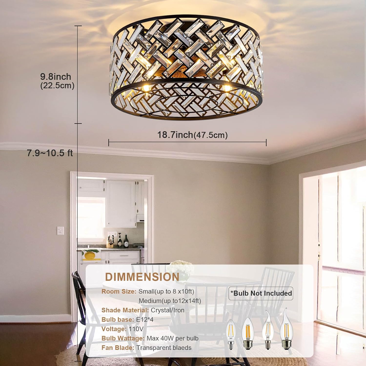 Modern Chandelier Crystal Ceiling Fans with Lights and Remote, 18.7-Inch Low Profile Bladeless Flush Mount Caged Ceiling Fan for Bedroom, Kitchen,Living Room,Small Ceiling Fan with Light with 6 Speed