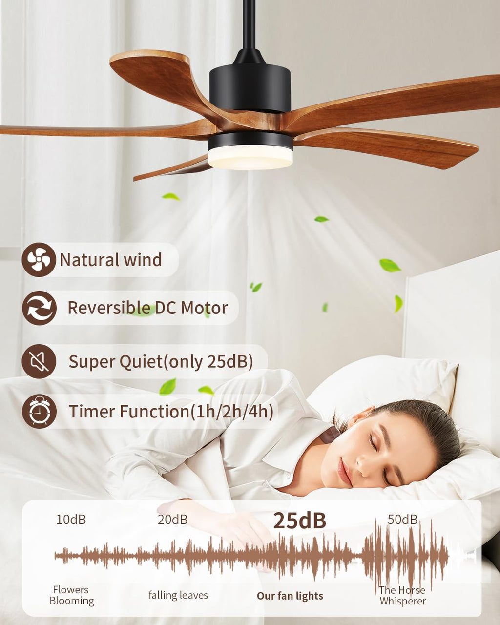 52 Inch Ceiling Fans with Lights Remote Control, 5 Blade Wood Ceiling Fan for Outdoor, 3 Downrods, ETL Listed, Timer, 6 Speeds Noiseless Quiet DC Motor Fan for Patio Bedroom, Yellow Walnut