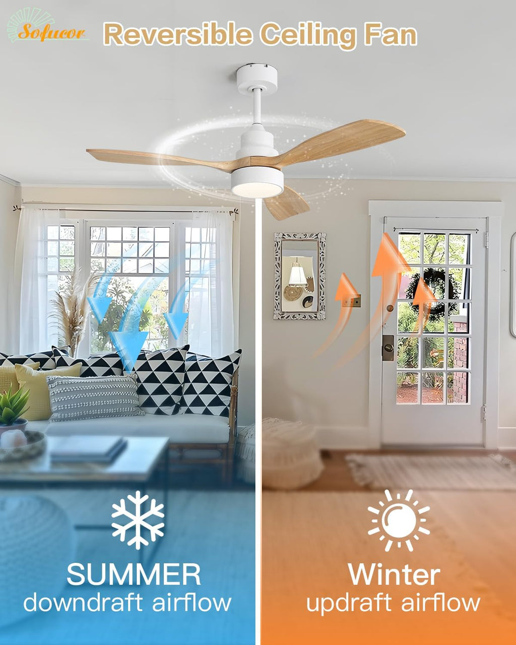 Sofucor 48 Inch Ceiling Fans with Lights and Remote Control-Modern Flush Mount&Downrod Mount Ceiling Fan for Bedroom Living Room Indoor Outdoor Farmhouse Patio, Timer Quiet DC Motor,White&Natural Wood