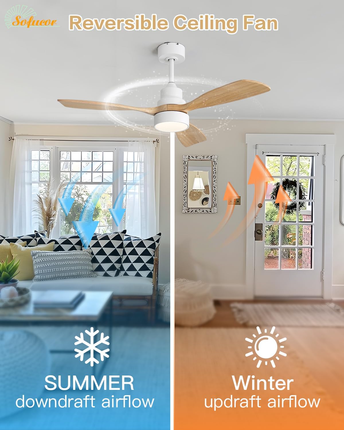 Sofucor 48 Inch Ceiling Fans with Lights and Remote Control-Modern Flush Mount&Downrod Mount Ceiling Fan for Bedroom Living Room Indoor Outdoor Farmhouse Patio, Timer Quiet DC Motor,White&Natural Wood