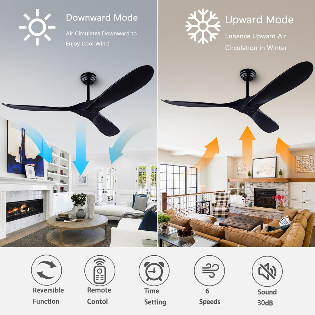 60' Ceiling Fans with Remote Control, No Lights, Modern Reversible DC Motor Indoor Outdoor 3 Blade Ceiling Fan for Patio, Living Room, Bedroom and Farmhouse (Black)