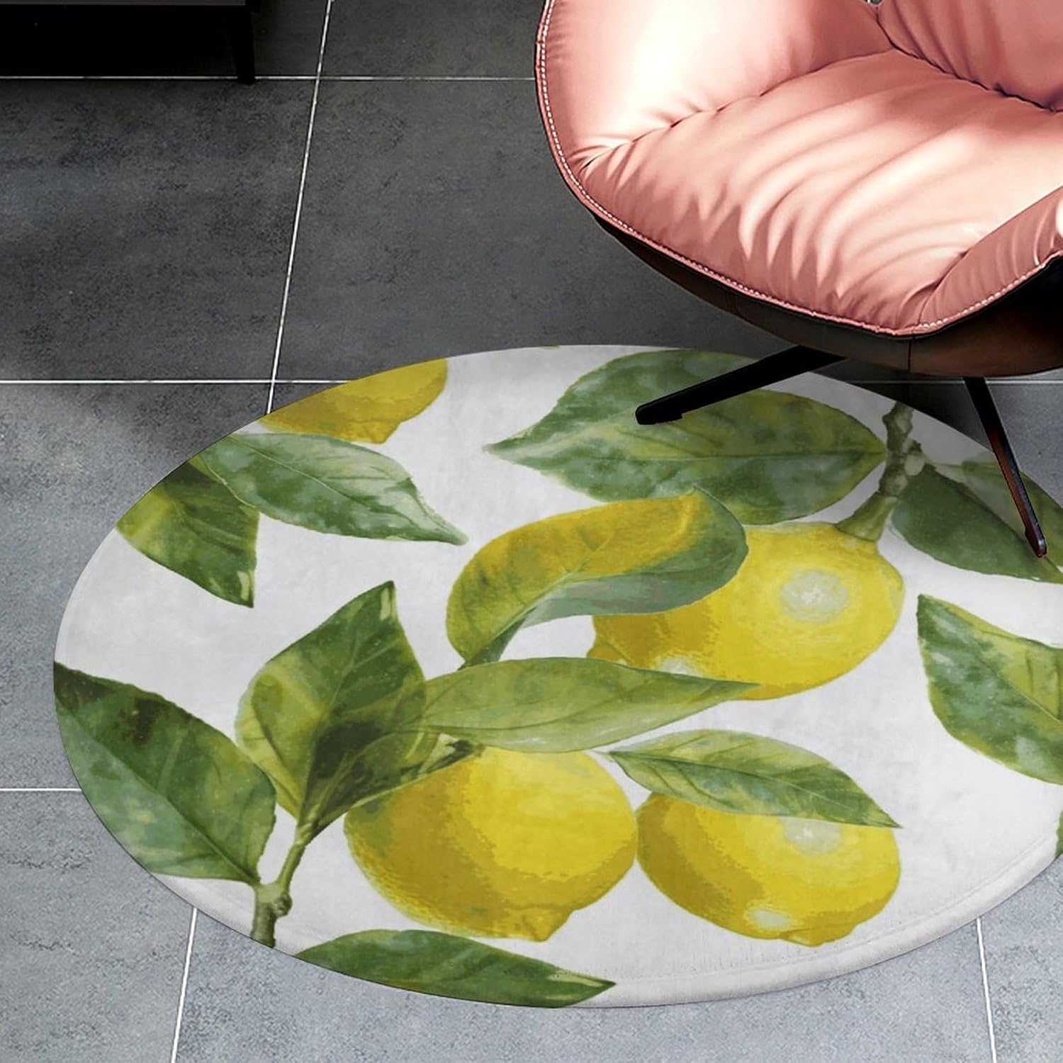 Lemon Branch Leaves Coral Velvet Round Floor Mat Non-Slip Bath Rug Floor Covering for Bathroom Vanity Guest Suite & Vacation Home