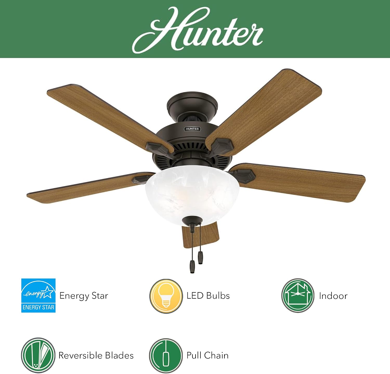 Hunter Fan 44 inch Bronze Indoor Ceiling Fan with Light and Pull Chain for Bedroom, Living Room, Office, Basement, Kitchen (Renewed)