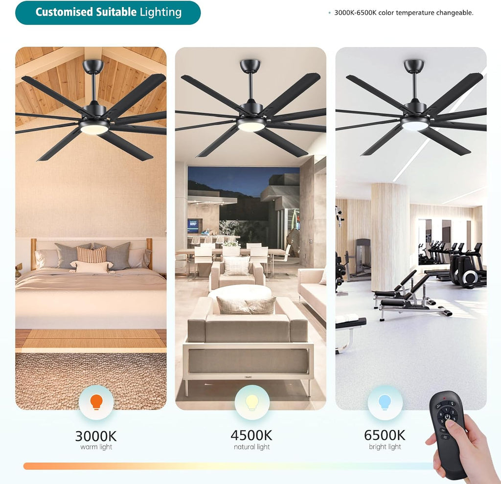 Modern 84 Inch Led Ceiling Fans With Lights, 1-6 Wind Speeds 3cct Black 84' Indoor | Outdoor Large Ceiling Fans With Lights And Remote For Warehouses Patios Porch Barns
