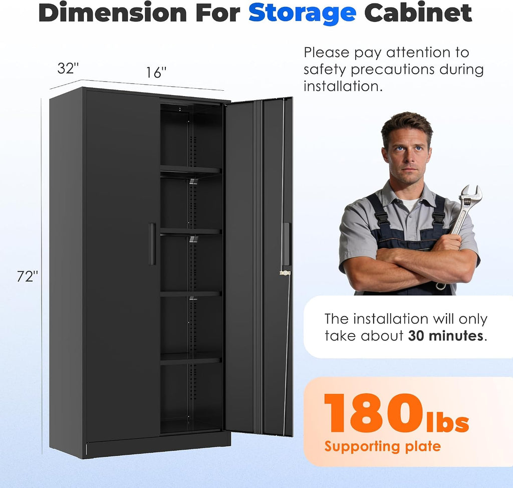 INTERGREAT Garage Storage Cabinet with Doors and Shelves, Metal Storage Cabinets with Lock, Lockable Steel Supply Cabinet for Home Office, Warehouse, Black