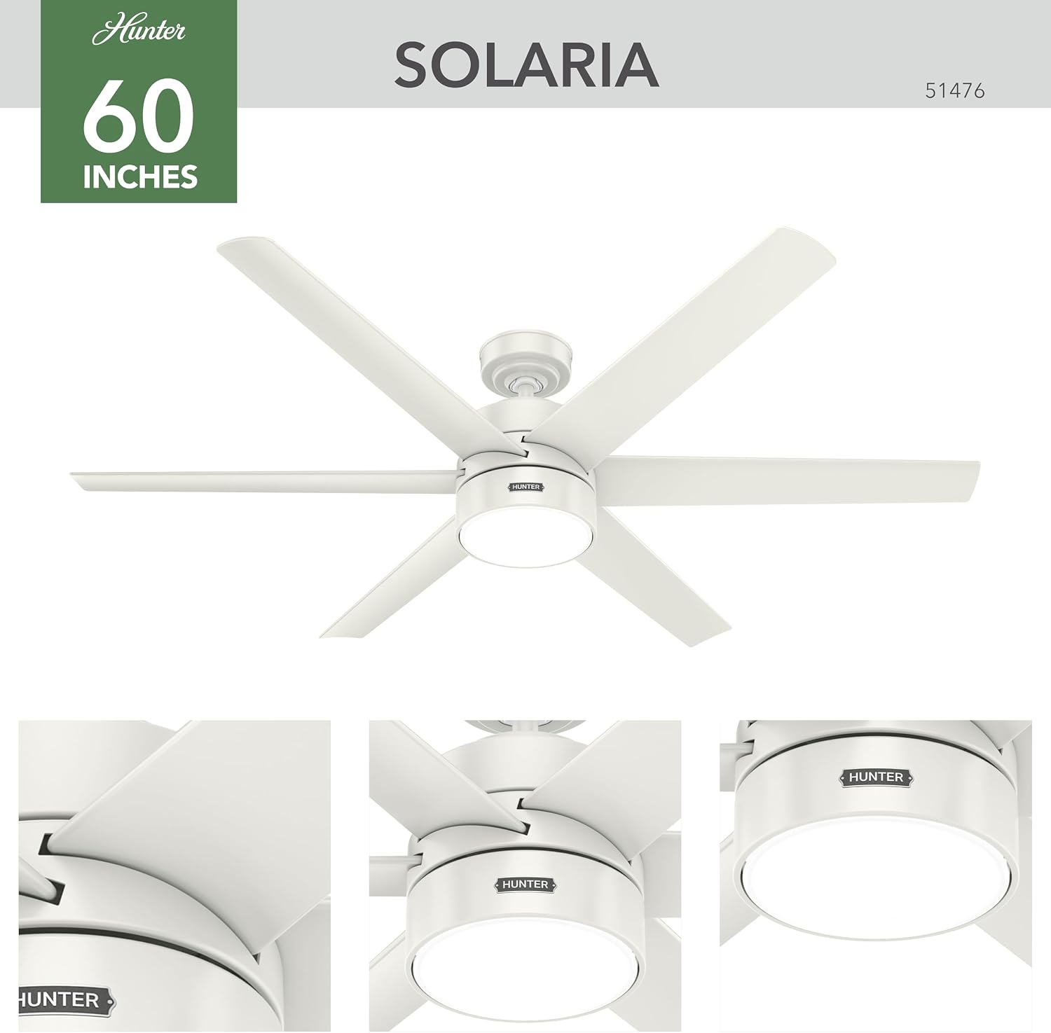 Hunter 60 inch Outdoor or Indoor Ceiling Fan with LED Light - White Ceiling Fan with Wall Control, For Patio, Garage, or Porch, Quiet, Standard Mount, 6 Blades - Solaria 51476, Fresh White