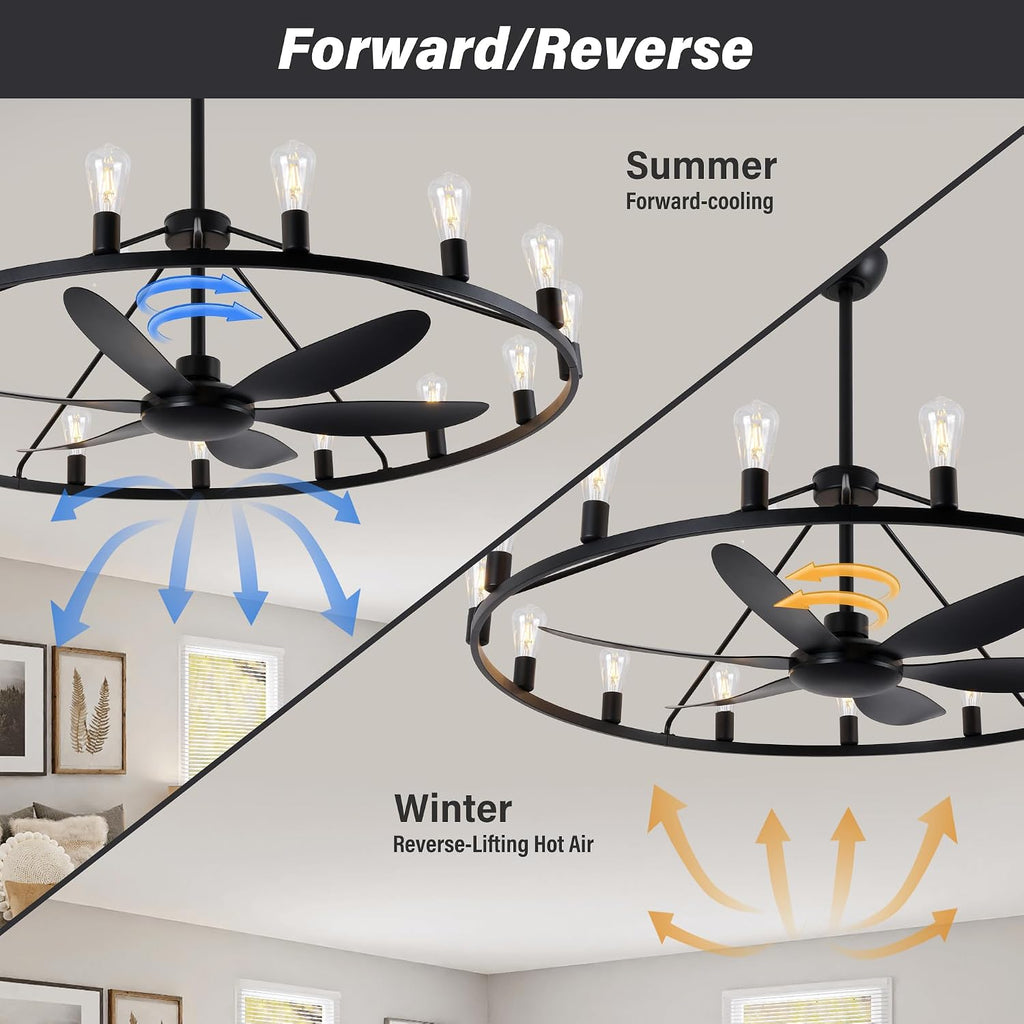 Miuyhji Rustic Ceiling Fan with Lights Wagon Wheel Style,Dining Room Light Fixture with Fan,15 Light Chandelier Fans,50 in Matte Black Farmhouse Fandelier for Large Space 100-300 Sqare Feet