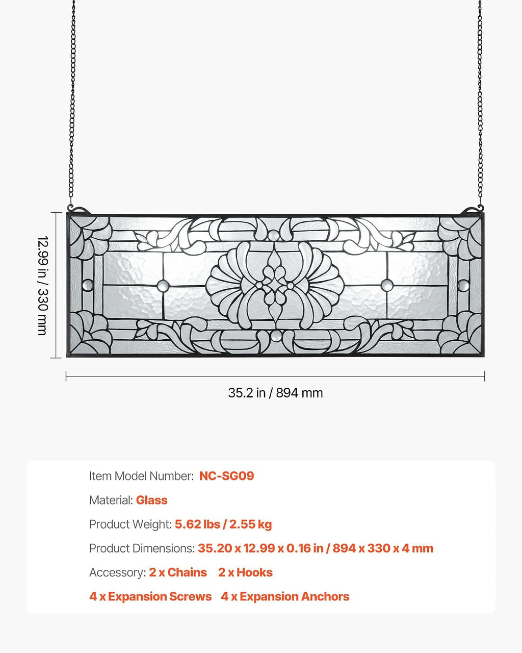 VEVOR Stained Glass Window Panel, 35.2' x 13' Tiffany Style Hanging Transom Window Panel with Chain, Large Horizontal Rectangle Stain Glass, Vintage Traditional Art Handcrafts for Kitchen Home Decor
