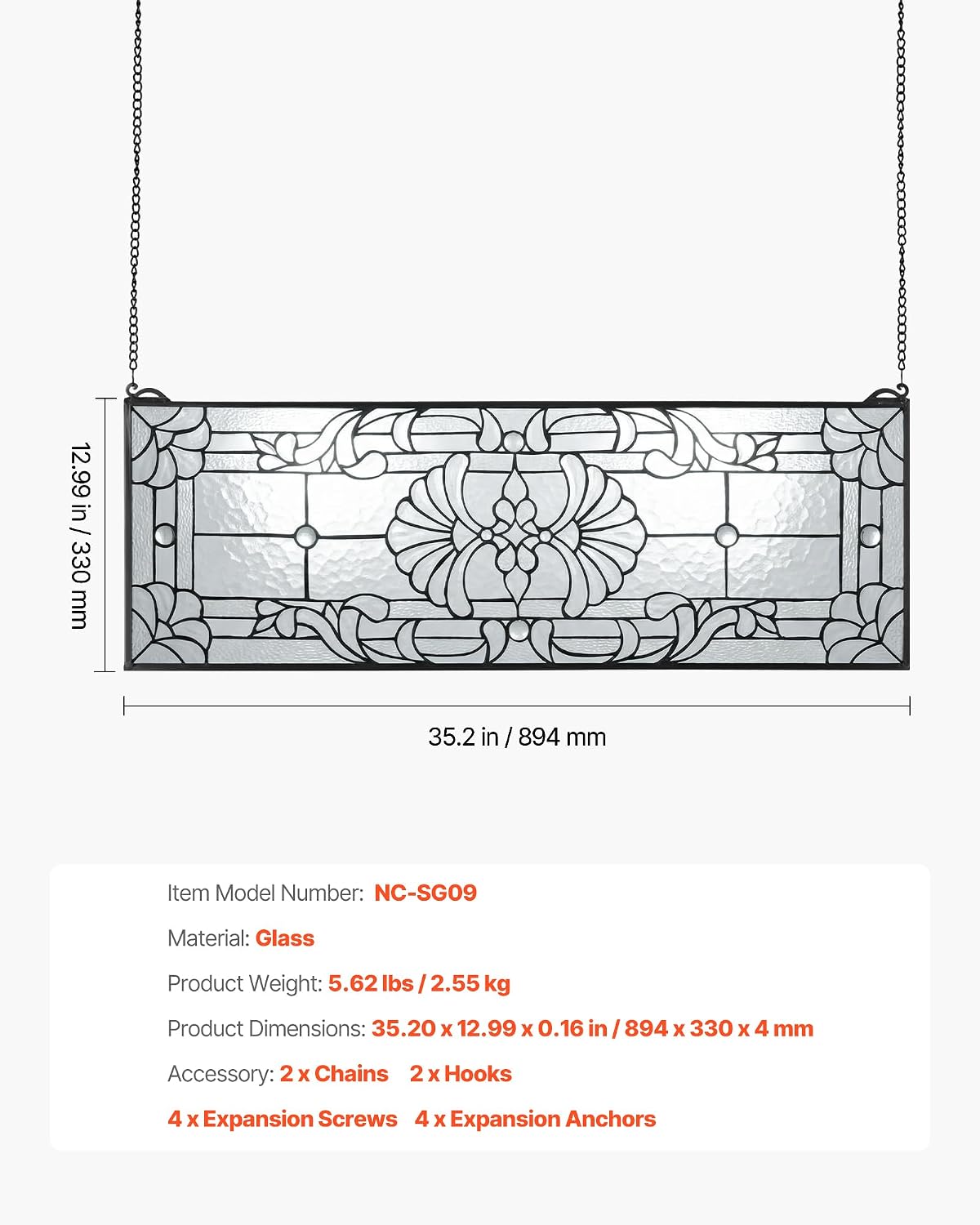 VEVOR Stained Glass Window Panel, 35.2' x 13' Tiffany Style Hanging Transom Window Panel with Chain, Large Horizontal Rectangle Stain Glass, Vintage Traditional Art Handcrafts for Kitchen Home Decor