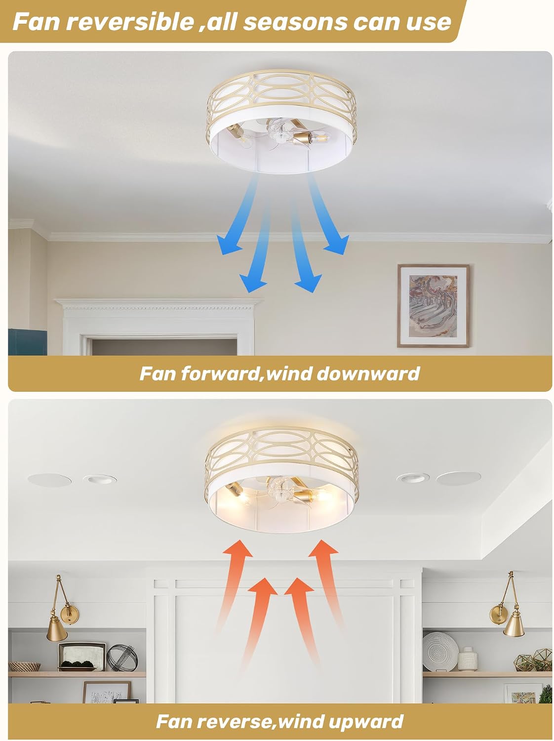 20' Gold Flush Mount Ceiling Fan with Light, Caged Boho Ceiling Fan with Lights Remote Control with 6 Speeds for Bedroom, Living Room, Nursery