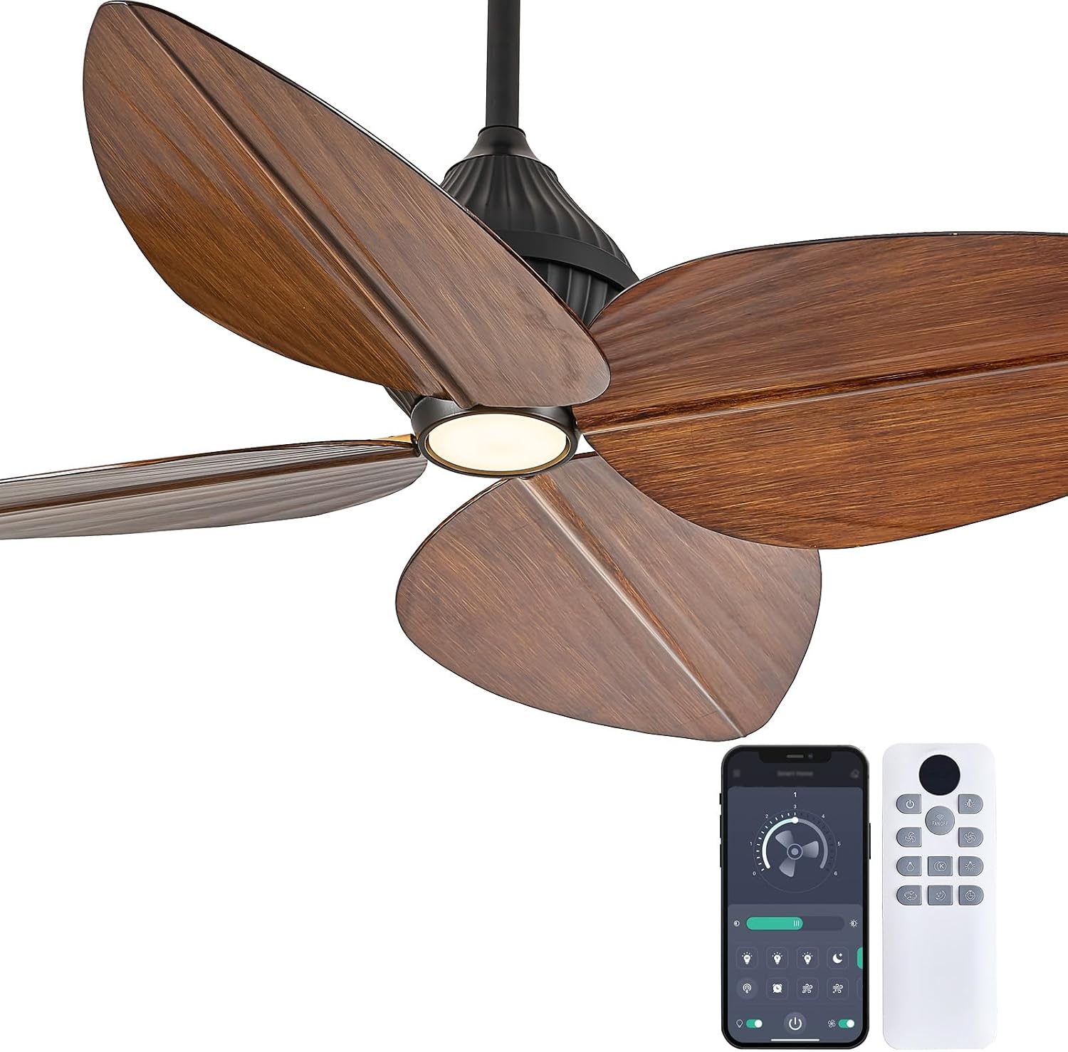 52' Ceiling Fan, Tropical Ceiling Fans with APP and Remote Control, Indoor Palm Leaf Ceiling Fans with Lights for Living Room Bedroom Patios, Dimmable(Walnut)