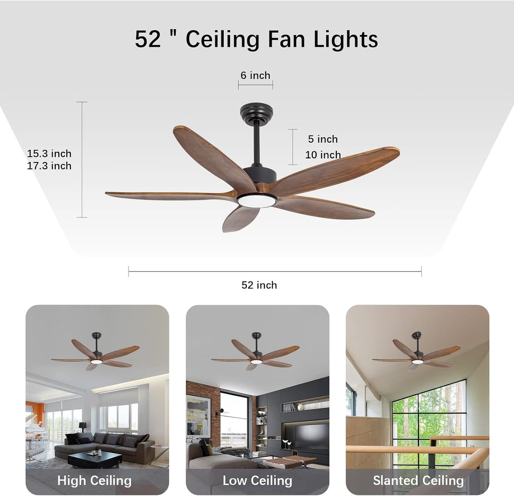 5 Wood Blades Ceiling Fan with Light and Remote,Quiet Reversible DC Motor,6 Wind Speed,LED Dimmable and Memory,for Bedroom/Patios/Living Room,52 inch,Dark Walnut Wood Blades