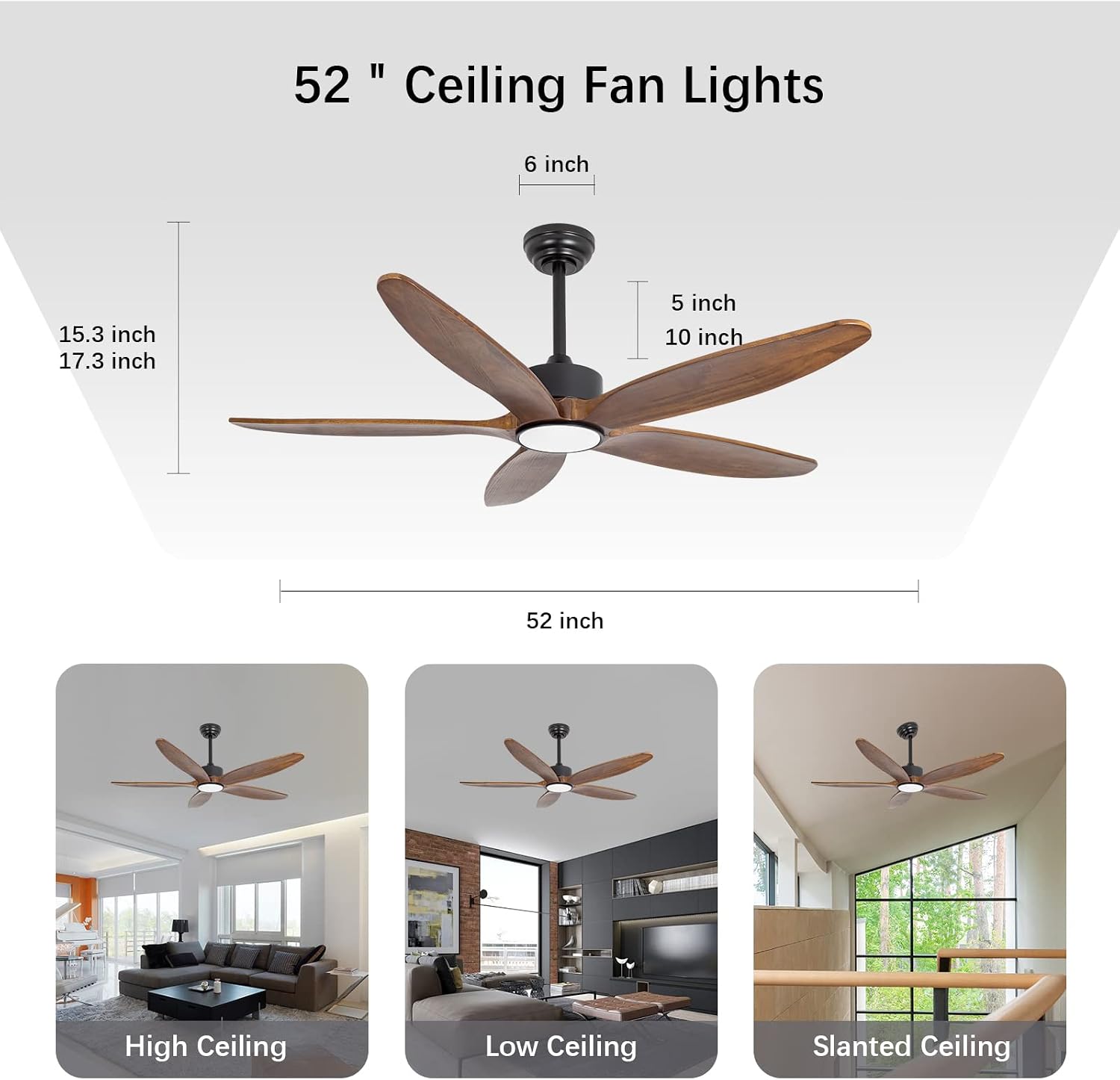 5 Wood Blades Ceiling Fan with Light and Remote,Quiet Reversible DC Motor,6 Wind Speed,LED Dimmable and Memory,for Bedroom/Patios/Living Room,52 inch,Dark Walnut Wood Blades