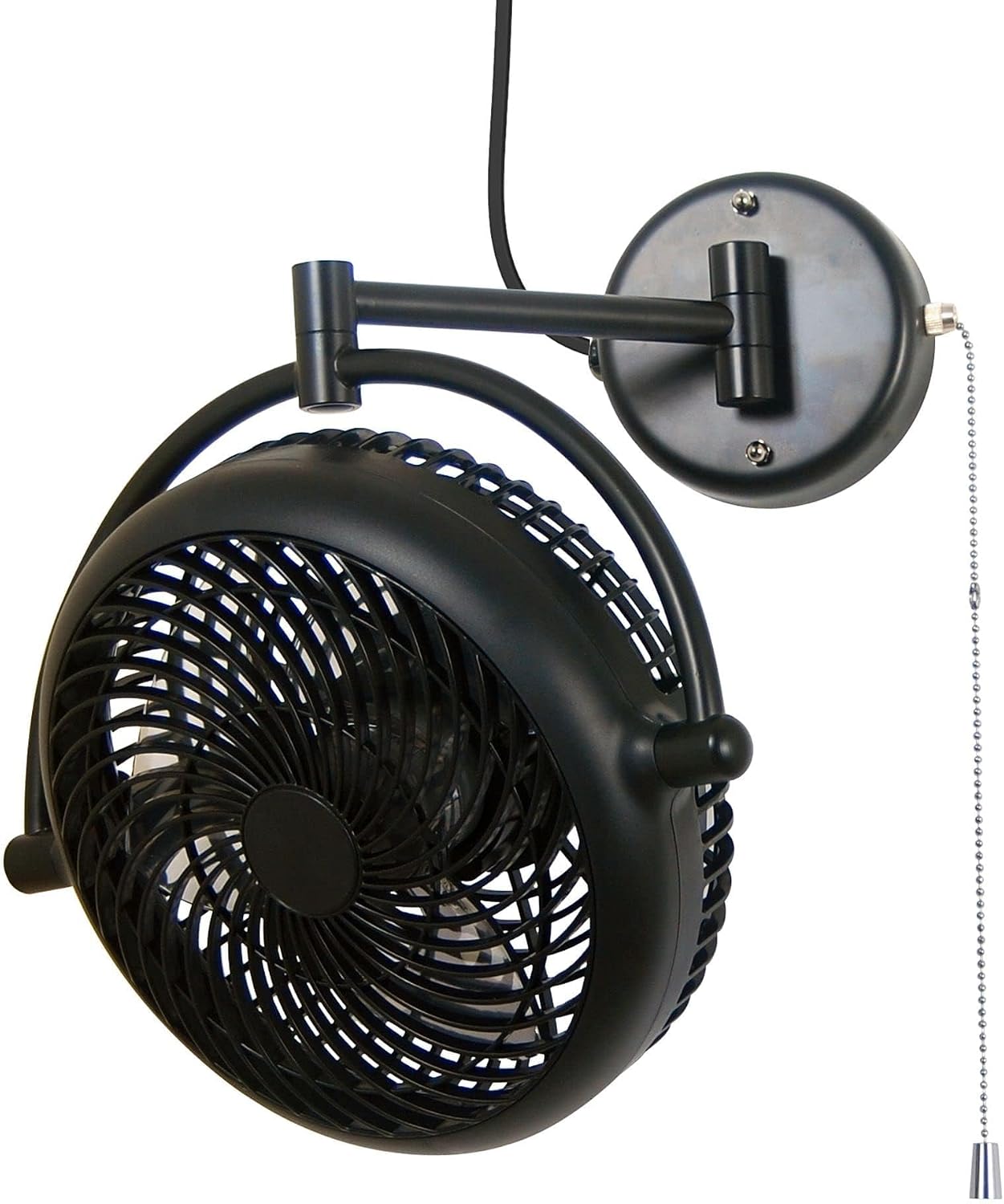 Wall Mount Fans with Pull Chain, 10 Inch Wall Fans Quiet Oscillating Wall-Mounted Fan, Adjustable Folding Arm, 2-Speed Plug-in Fan for Bedroom, Living Room, Garage, Bathroom, Patio, Kitchen, Black