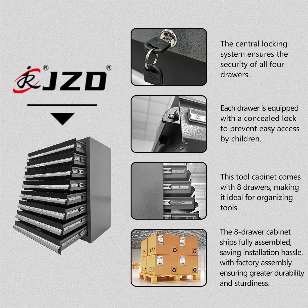 JZD Metal Garage Workbench with Storage and Cabinets for Workshop Utility Room, Included One Tool Cart, Wall Mounting Not Necessary