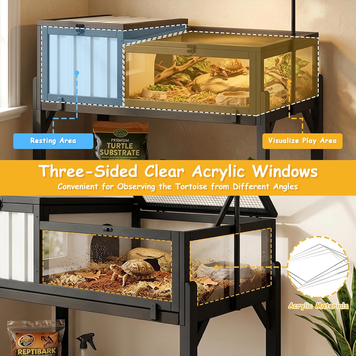 PetsCosset Indoor Tortoise Habitat with Storage Shelf & Adjustable Metal Light Stand, Modern Tortoise Enclosure with PVC Shelter, Elevated Tortoise Table for Sulcata, Hermann's & Russian Tortoises