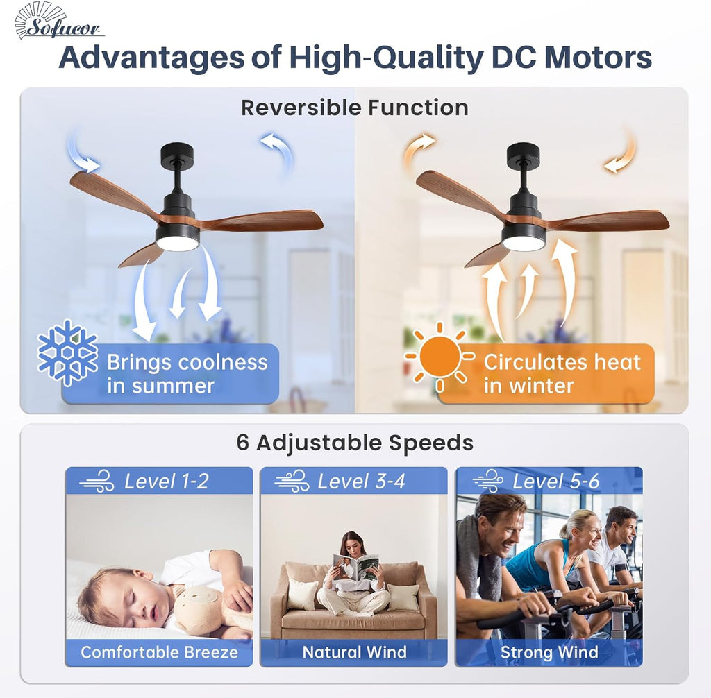 Sofucor 48 Inch Smart Ceiling Fan with Light, Solid Wood Low Profile Ceiling Fans with Lights and Remote, Work with Alexa/Google/App, Quiet DC Motor, 3 Blade Ceiling Fan for Bedroom Living Room Patio