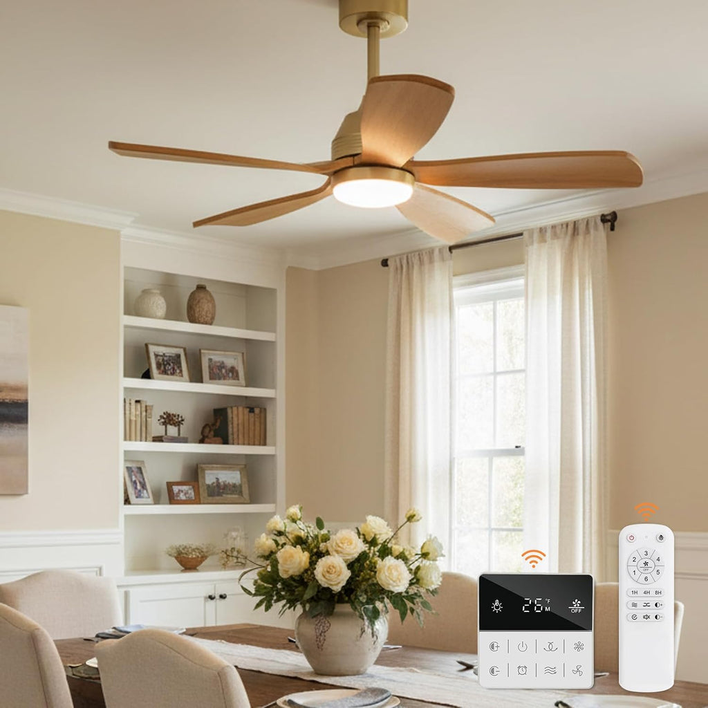 42 Inch Ceiling Fans with Lights and Remote, 5 Blades Wood Ceiling Fan with Light, Dimmable, Wall Switch, Reversible DC Motor, Modern Indoor Outdoor Ceiling Fans for Patios Bedroom (Gold)