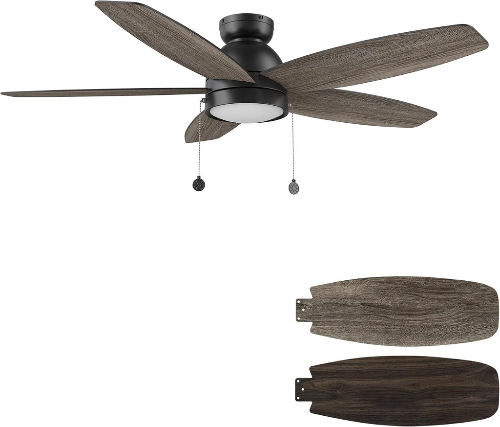 SMAAIR Pull Chain Ceiling Fans with Lights for Bedroom, 52' Low Profile Modern Ceiling Fan with Light, Flush Mount, 3 Blades, Dimmable, DC Motor, Indoor Use,Wooden/Walnut