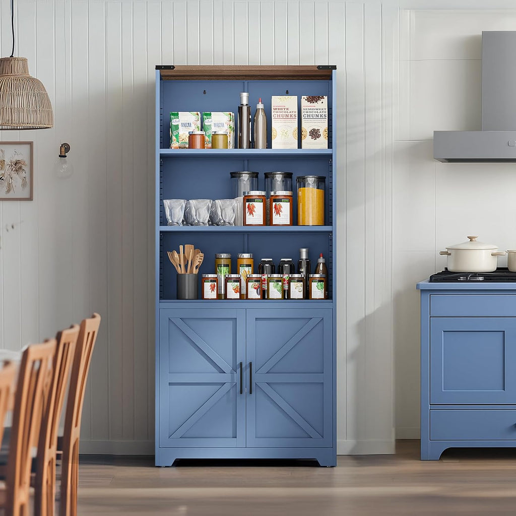 VINGLI Blue Bookcase with Doors and Adjustable Shelves, Steel 70' Tall Bookshelf Display Cabinet, 6-Tier Tall Farmhouse Metal Storage Cabinet for Study, Living Room, Home Office, Kitchen Pantry