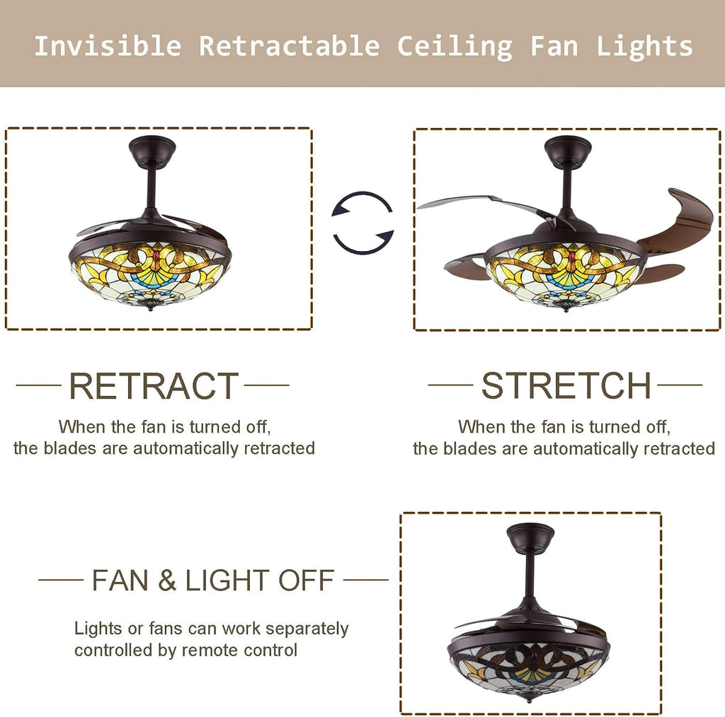 TFCFL 42 Inch Tiffany Style Invisible Ceiling Fan with Lights and Remote Control,Retractable Blades 3 Speeds 3 Light Changes Fandelier Chandelier Fan,Indoor Ceiling Lighting Fixture