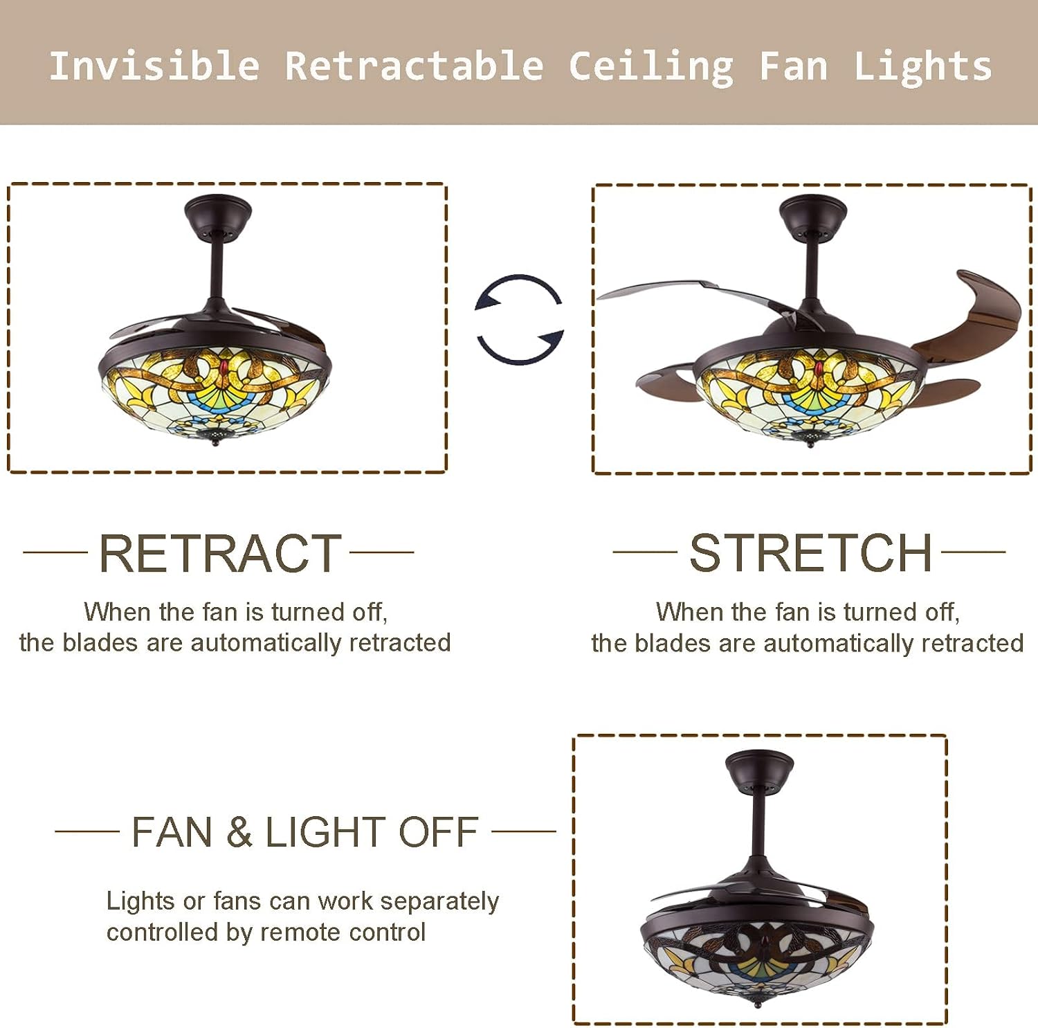 TFCFL 42 Inch Tiffany Style Invisible Ceiling Fan with Lights and Remote Control,Retractable Blades 3 Speeds 3 Light Changes Fandelier Chandelier Fan,Indoor Ceiling Lighting Fixture
