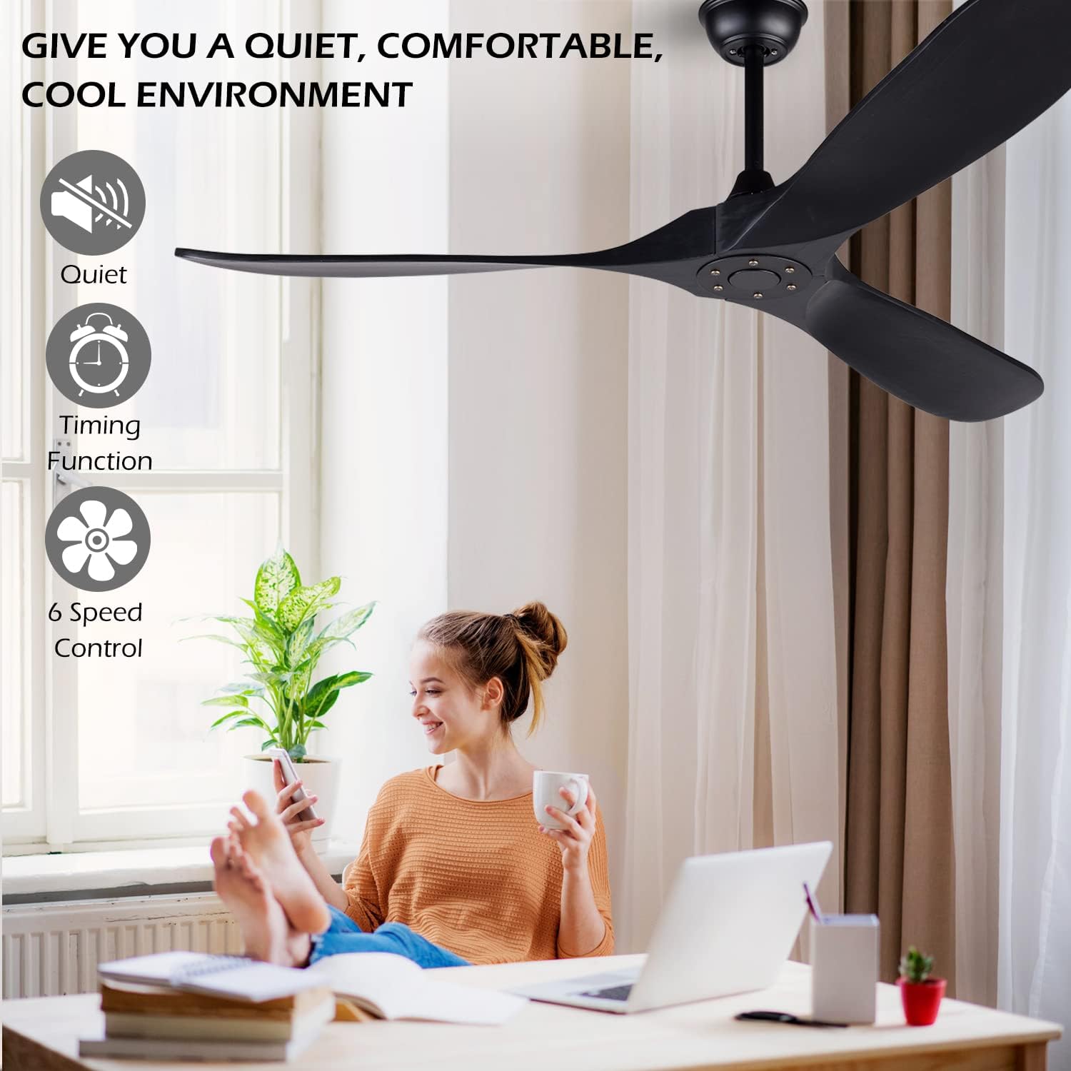 60 Inch Black Ceiling Fan No Light ，Wood Indoor Outdoor Ceiling Fans for Patios Living Room Bedroom Porch Big Farmhouse Ceiling Fan for Flat Sloped Angled Ceiling