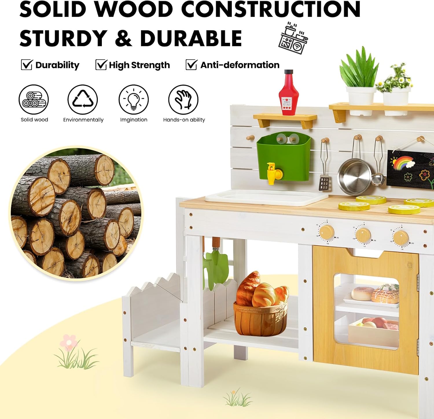 Frogprin Outdoor Mud Kitchen for Kids, Wooden Play Kitchen with Plant Growing Box & Trellis, Real Faucet Sink, Gardening Tools &, Cooking Accessories, Ideal for Toddlers Ages 3+