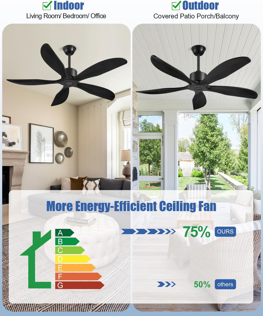 Yahada 52 Inch Ceiling Fan No Light with Remote, USA Original Patent Outdoor Ceiling Fans without Lights, 5 Wood Blades, 3 Downrods, Timer, 6 Speeds ETL DC Motor Ceiling Fans for Patios Bedroom, Black