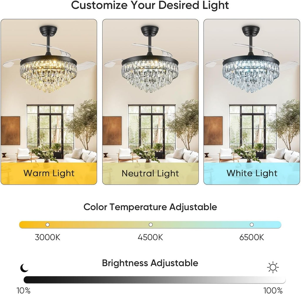 48 Inch Chandelier Ceiling Fan with Lights, Retractable Fan with Remote and APP, Crystal Fandelier Ceiling Fan, Dimmable LED, Reversible Motor, Quiet for Bedroom Living Room-Black