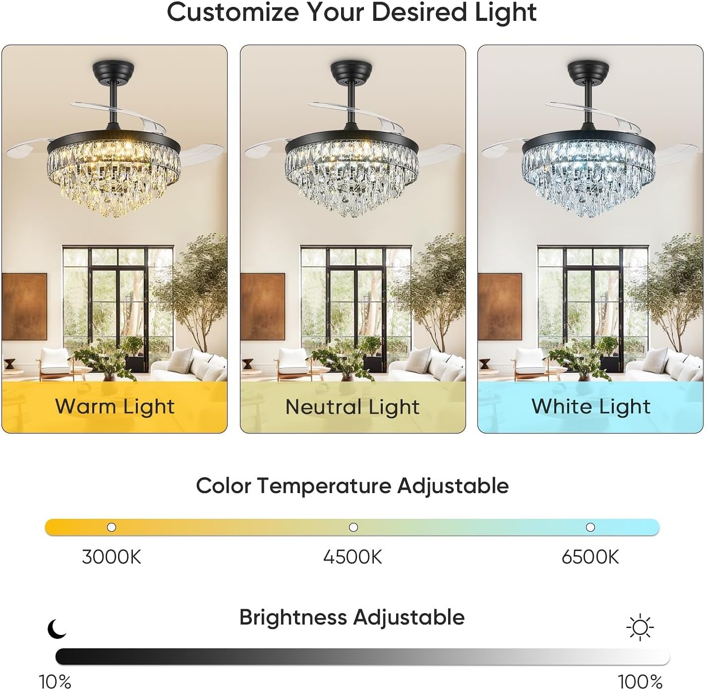 48 Inch Chandelier Ceiling Fan with Lights, Retractable Fan with Remote and APP, Crystal Fandelier Ceiling Fan, Dimmable LED, Reversible Motor, Quiet for Bedroom Living Room-Black