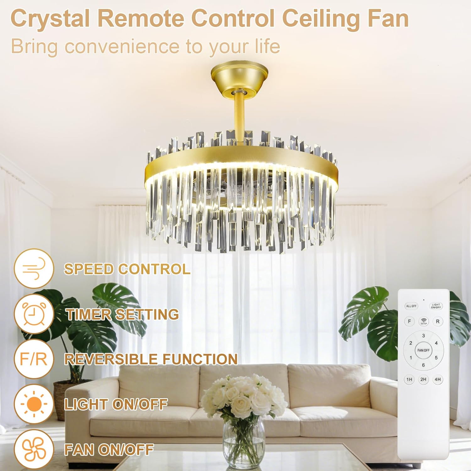 Depuley Modern Ceiling Fan with Lights: 20' Gold Chandelier Cagd Fan with Remote Control - Crystal Fandelier for Girl's Bedroom Living Room Nursery