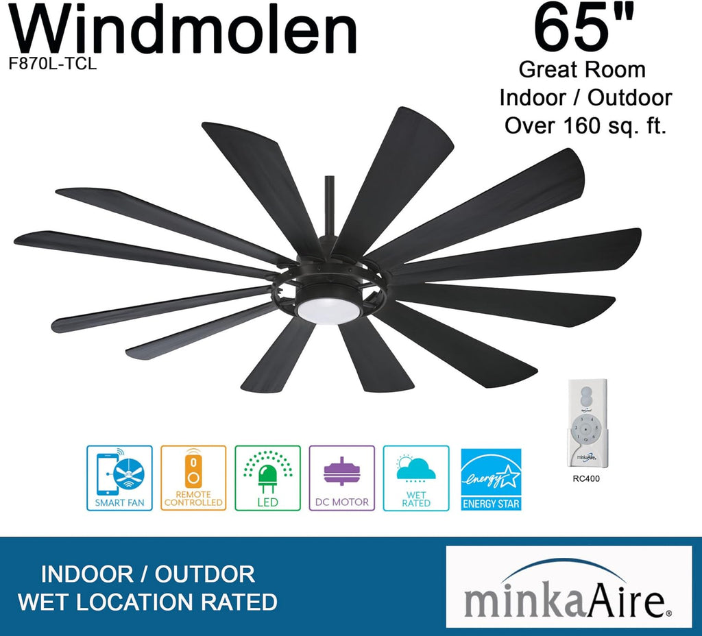 MINKA-AIRE F870L-TCL Windmolen 65 Inch Outdoor Ceiling Fan with LED Light and Remote Control, Textured Coal