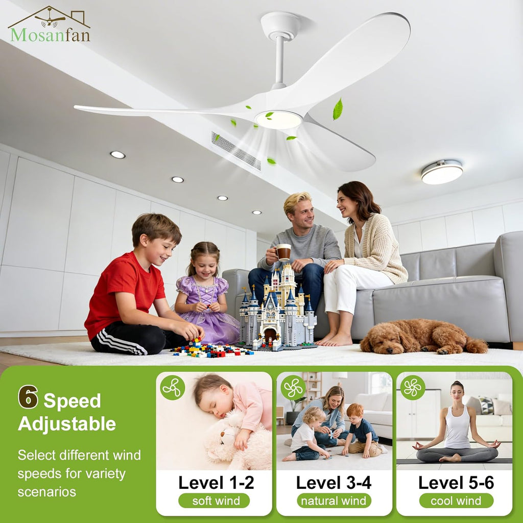 60'' Ceiling Fans with Lights and Remote, Wood Outdoor Ceiling Fan with 6 Speed Noiseless DC Motor, Indoor Modern 3 Blade Propeller Ceiling Fan for Bedroom Living Room Gazebo Patio (White)
