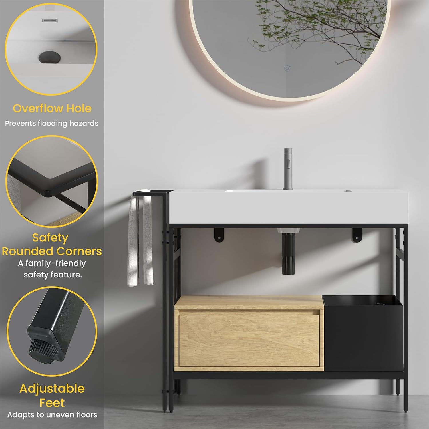 2 x 36 Inch Bathroom Vanity Set, Industrial Style Modular Bathroom Vanity with Quartz Sink Combo and Metal Frame and Drawers, Without Drainage and Faucet, Oak+White