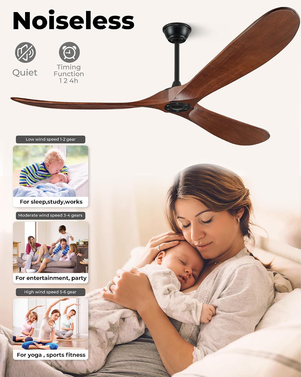 60 inch Ceiling Fan Without Light, Ceiling Fan No Light with Remote Control and Quiet DC Motor, Outdoor Fans for Patios,Solid Wood 3 Blades,ETL Listed - Dark Walnut