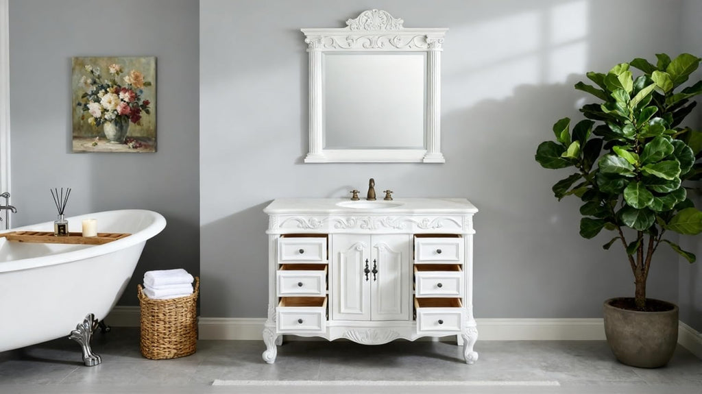 48' Antique White Marble Beckham Bathroom Sink Vanity & Mirror SW3882W-AW-48MIR