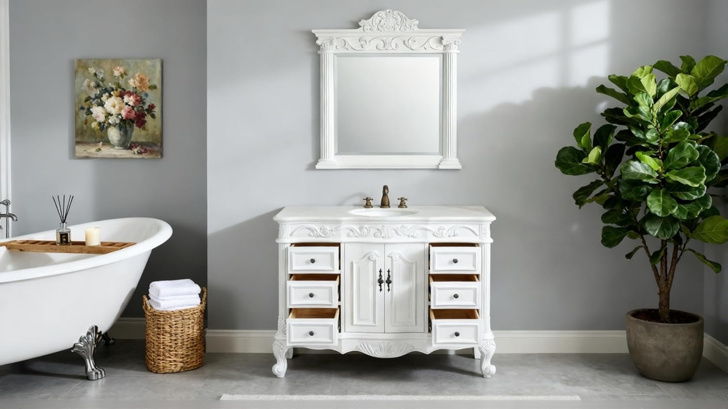 48' Antique White Marble Beckham Bathroom Sink Vanity & Mirror SW3882W-AW-48MIR