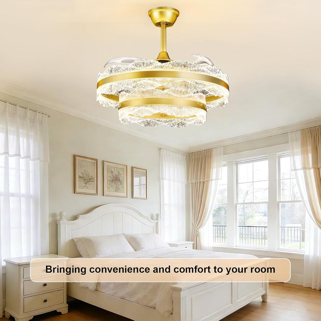 Depuley Fandelier Ceiling Fans with Lights: 24' Gold Cagd Fan with Remote Control - Crystal Chandelier Fan Light for Girl's Bedroom Living Room Nursery