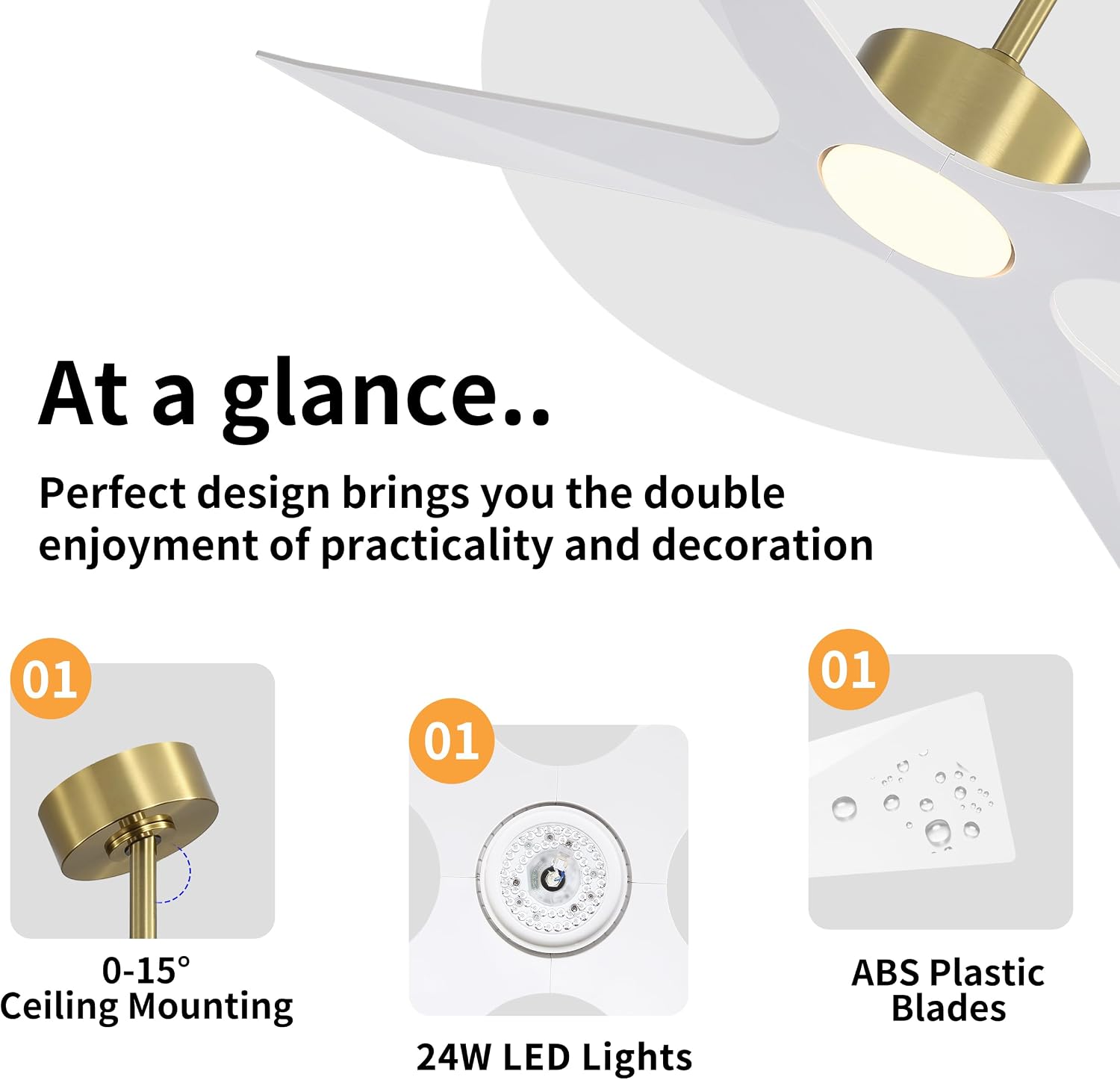 WINGBO 54' Wet Rated Outdoor Ceiling Fan with Lights, 4 ABS Plastic Blades, Reversible DC Motor, 6-Speed Remote Control, 3 CCT, Waterproof Ceiling Fan for Patio Porch Gazebo Garage, Brass and White