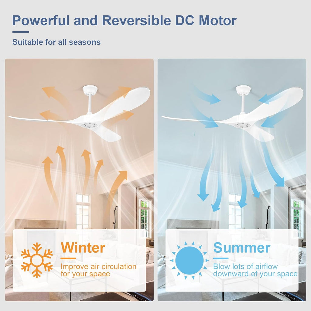Solid Wood Ceiling Fans no Light,60'' White Ceiling Fan with Remote Control,DC Motor with Large Airflow,Indoor and Outdoor Ceiling Fan for Living Room,Bedroom,Patios