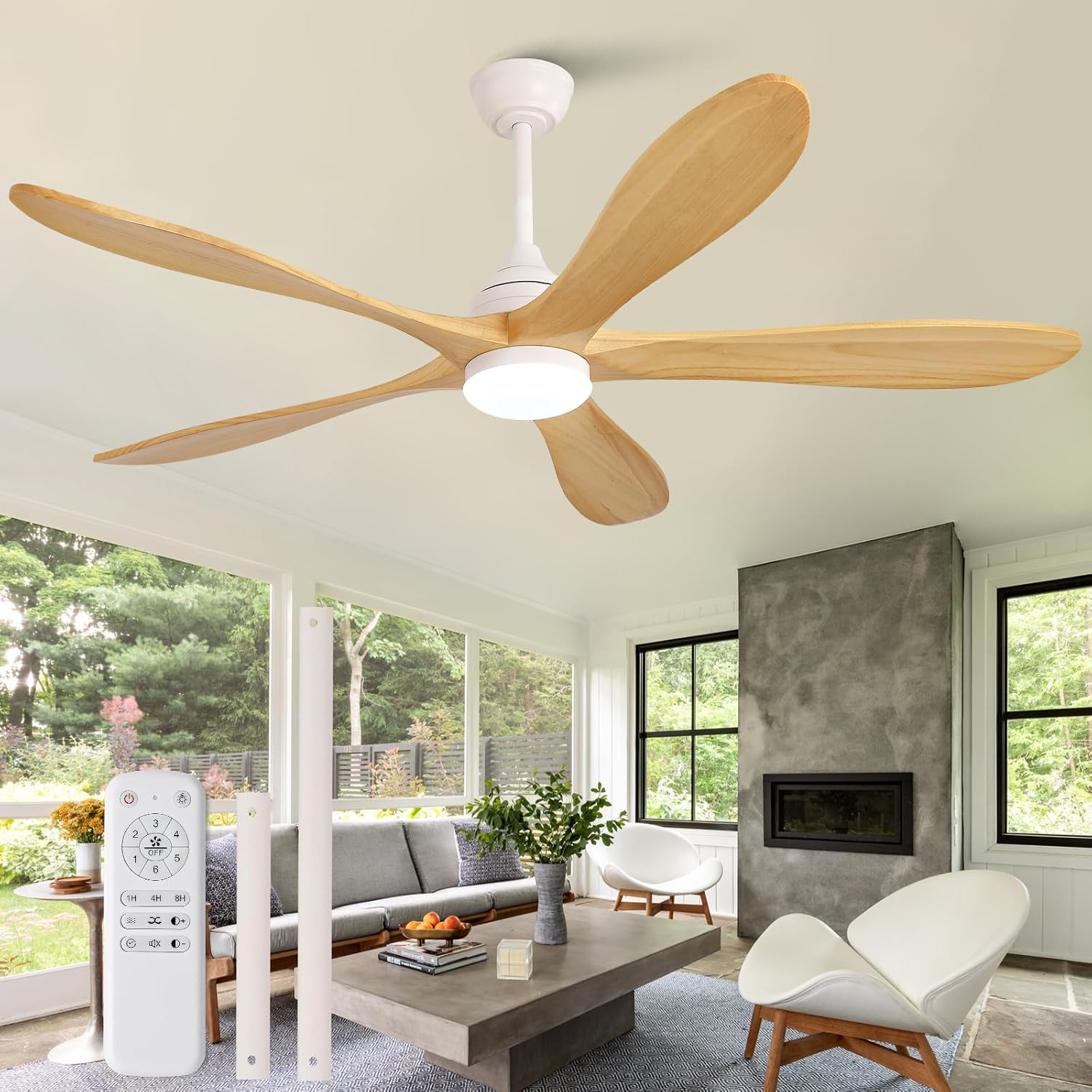 OKDNEG 60 Inch Ceiling Fans with Lights and Remote, 5 Wood Fan Blades Ceiling Fan,3CCT Dimmable,Timer,Quiet DC Motor,6 Speed,Indoor Outdoor Ceiling Fan for Offices Farmhouse Gazebo Patio