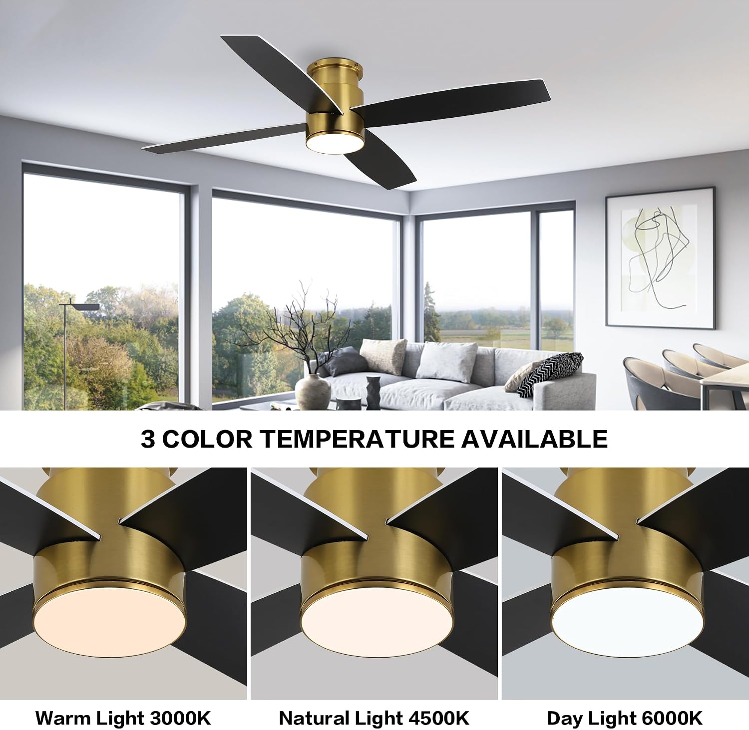 WINGBO 52 Inch Flush Mount DC Ceiling Fan with Lights and Remote, 4 Reversible Blades, Ultra Quiet 6-Speed DC Motor, Hugger Low Profile Indoor Ceiling Fan, Brass Finish