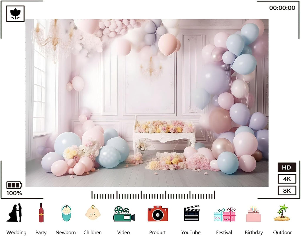 Trykid 20x10ft Pastel Balloon Arch Backdrop Soft Blue Pink Floral Whimsical Photography Background for Baby Shower Birthday Event Party Decoration Photo Booth Prop Fabric