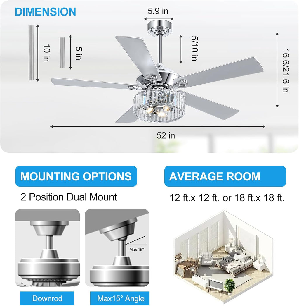 52' Ceiling Fan with Crystal Light Remote Control, 5 Reversible Blades, Quiet DC Motor, 6-Speed, Timer, Modern Crystal Caged Ceiling Fan Chandelier for Bedroom Living Room, Chrome