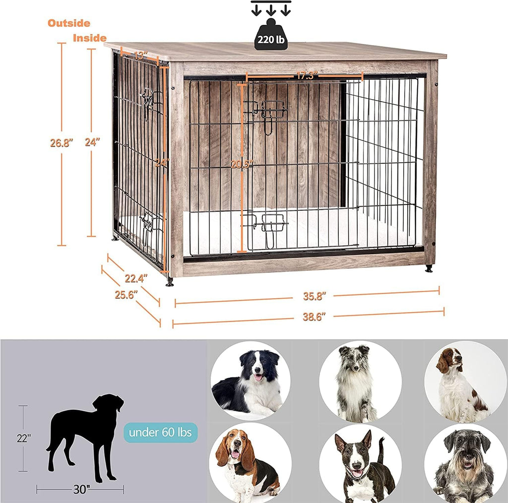 DWANTON Dog Crate Furniture with Cushion, Wooden Kennel Table with Double Doors, Indoor Dog House, Large Size, 38.5' L, Greige