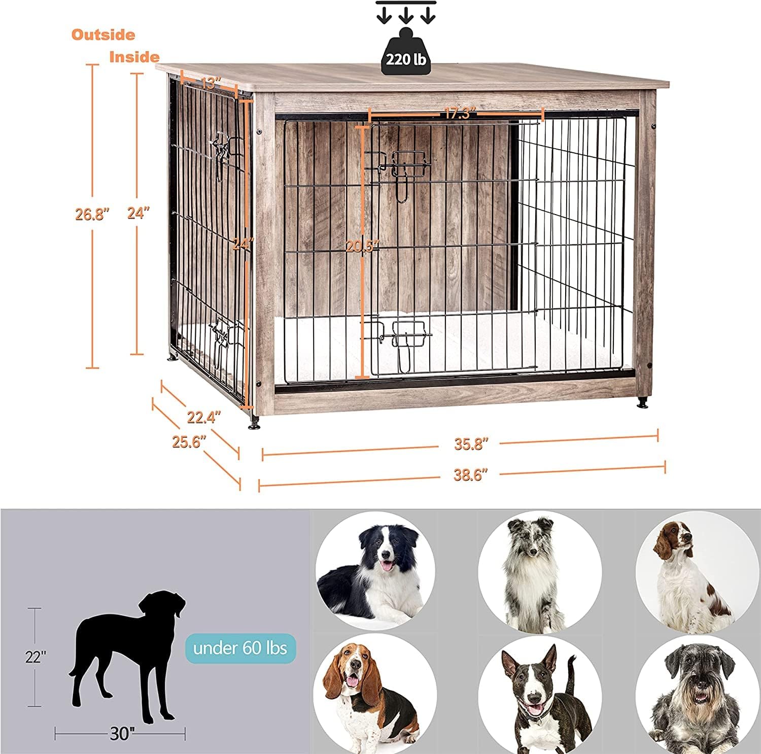 DWANTON Dog Crate Furniture with Cushion, Wooden Kennel Table with Double Doors, Indoor Dog House, Large Size, 38.5' L, Greige